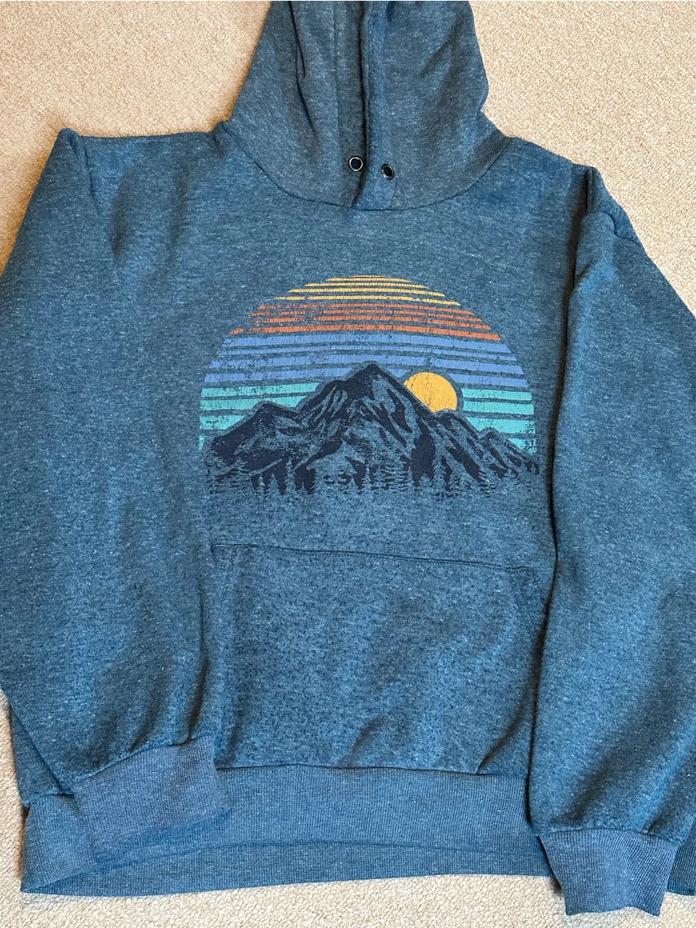 Men's Heather Blue Graphic Mountain Hoodie with Sunset Motif READ DESCRIP XXL 2X